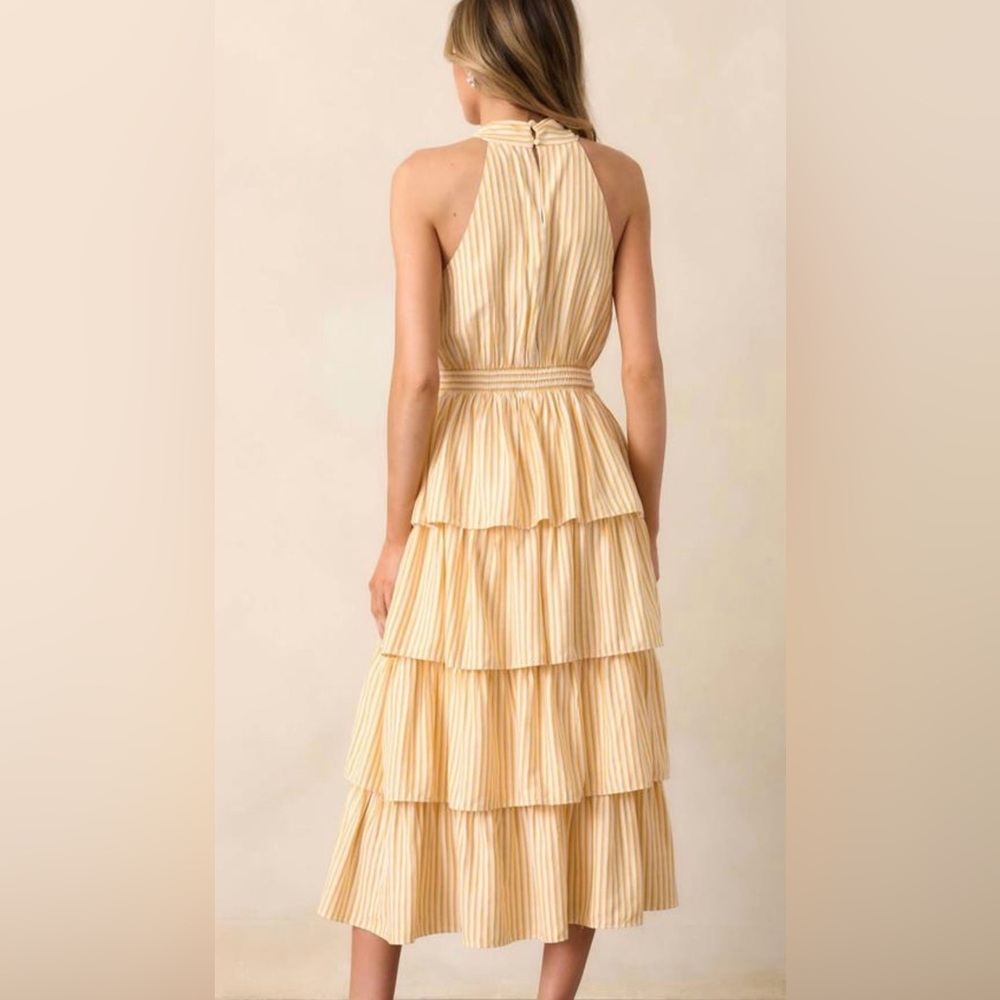 NWT Skies are Blue Yellow Stripes Tiered Halter Maxi Dress Size Small - Picture 2 of 15